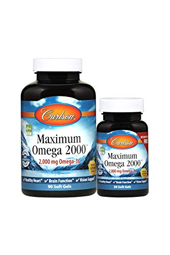 Product Cover Carlson - Maximum Omega 2000, 2000 mg Omega-3 Fatty Acids Including EPA and DHA, Wild-Caught, Norwegian Fish Oil Supplement, Sustainably Sourced Fish Oil Capsules, Lemon, 90+30 Softgels