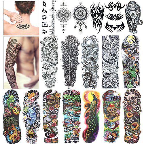 Product Cover Full Arm Temporary Tattoo, Konsait Extra Temporary Tattoo Black tattoo Body Stickers for Man Women (18 Sheets)