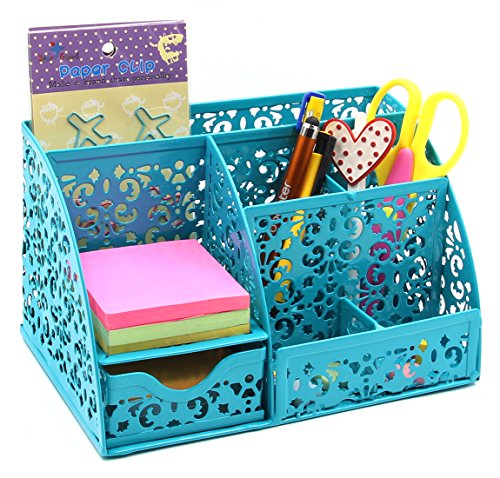 Product Cover EasyPAG Cute Office Desk Organizer Mixed Pattern 6 Compartments Desktop Accessories Caddy with Drawer,Dark Teal
