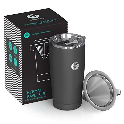 Product Cover Pour Over Coffee Travel Mug - Coffee Gator all-in-one Travel Coffee Maker and Thermal Cup - Vacuum Insulated Stainless Steel Cup with Paperless Filter Dripper - 20oz - Gray