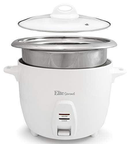Product Cover Elite Gourmet ERC-2010 Electric Rice Cooker with Stainless Steel Inner Pot Makes Soups, Stews, Grains, Cereals, 10 Cooked (5 Cups Uncooked), Cup Cups), White