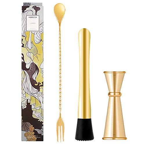 Product Cover Homestia Gold Cocktail Muddler and Mixing Spoon with Japanese Jigger Mojito Muddler Bar Tool Set