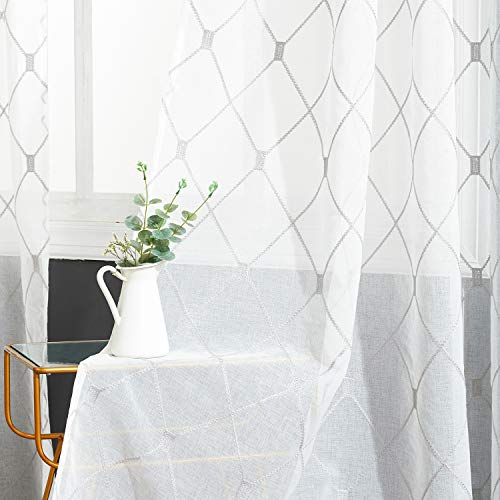 Product Cover Top Finel White Sheer Curtains 84 Inches Long Grey Embroidered Diamond Grommet Window Curtains for Living Room Bedroom, 2 Panels