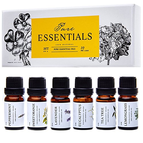 Product Cover Essential oils by PURE ESSENTIALS 100% Pure Therapeutic Grade Oils kit- Top 6 Aromatherapy Oils Gift Set-6 Pack, 10ML(Eucalyptus, Lavender, Lemon grass, Orange, Peppermint, Tea Tree)