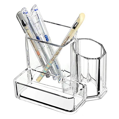 Product Cover Sooyee Clear Acrylic 3 Compartment Pen and Pencil Holders Cups Business Card Holder Box Office Supplies Desktop Organizer Storage Caddy 5.4x3.8x4.4inch Pack of 1
