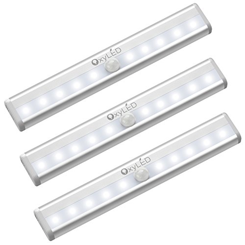 Product Cover OxyLED Motion Sensor Closet Lights, Cordless Under Cabinet Lightening, Wireless Stick-on Anywhere Battery Operated 10 LED Night Light Bar, Safe Lights for Closet Cabinet Wardrobe Stairs, 3 Pack
