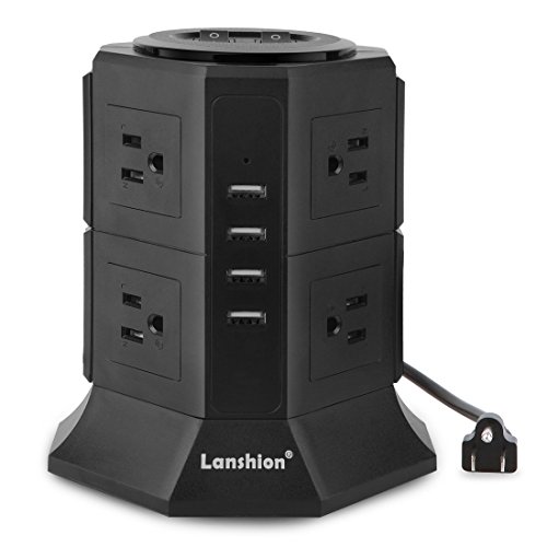 Product Cover Lanshion 8 Outlet Surge Protector Power Strip with 4 USB Charging Ports 1875W Desktop USB Charging Station with 6.5-Feet Long Power Cord, 1000 Joules,UL Listed (Black)