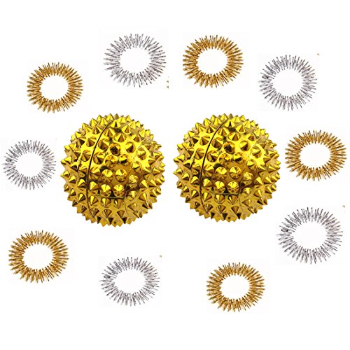 Product Cover Winterworm 1 Pair Gold Metal Magnetic Hand Palm Acupuncture Ball Needle Massage Handball and 10 Gold Silver Finger Massage Rings Good for Health Blood Circulation Relief Pressure