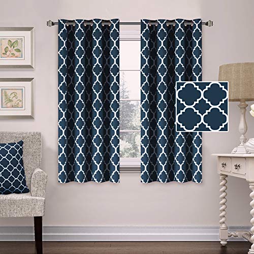 Product Cover Blackout Curtain Panels Window Treatment Panels Ultra Soft Printed Room Darkening with Antique Grommet Top Kids Curtains for Bedroom, Moroccan Tile Quatrefoil Navy, 2 Panels, 52 by 63 Inch