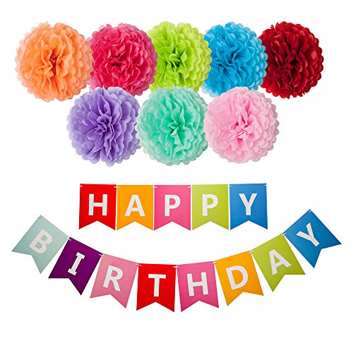 Product Cover Happy Birthday Decorations Banner with 8 Tissue Paper Pom Pom Colorful Rainbow