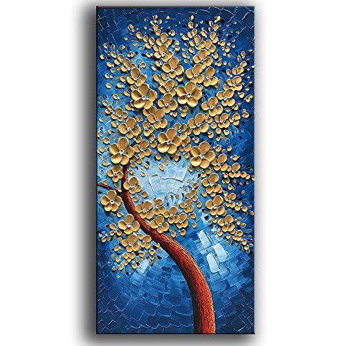 Product Cover baccow Vertical Blue Gold Oil Hand Painting on Canvas 2448, 3D Wall Art Abstract Artworks Trees Paintings, Framed Modern Blue Home Decor Home Painting for Living Room Office Hallway