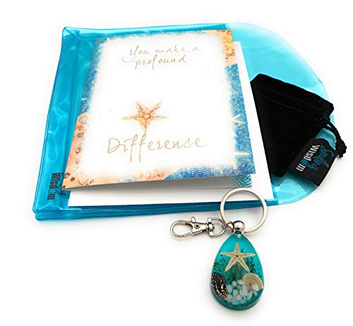 Product Cover Smiling Wisdom - Blue Real Starfish Drop Keychain Appreciation Gift Set - You Make a Profound Difference Greeting Card - Thank You to Man Woman Teacher Volunteer, Care Giver - Aqua Blue