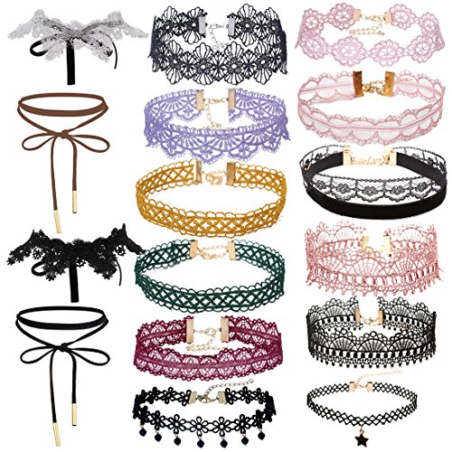 Product Cover Tpocean 16Pcs Tatto Boho Black Lace Choker Gold chain Red Colorful Tassels Velvet Necklaces Choker with Pendant Set Adjustable for Women Girls