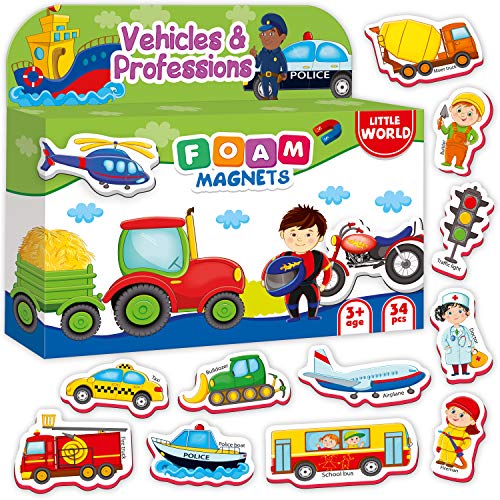 Product Cover Little World 34 Foam Fridge Magnets for Toddlers (Vehicles & Professions), Large Magnetic Trucks and Cars for Children and Kids Age 3+, Best Educational Toy for Babies Learning