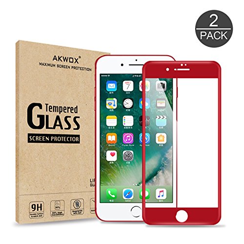 Product Cover (Pack of 2) iPhone 7 Plus Screen Protector, Akwox Full Cover iPhone 7 Plus Tempered Glass Screen Protector with ABS Curved Edge Frame, Anti-Fingerprint HD Screen Protector Film for iPhone 7 Plus (Red)