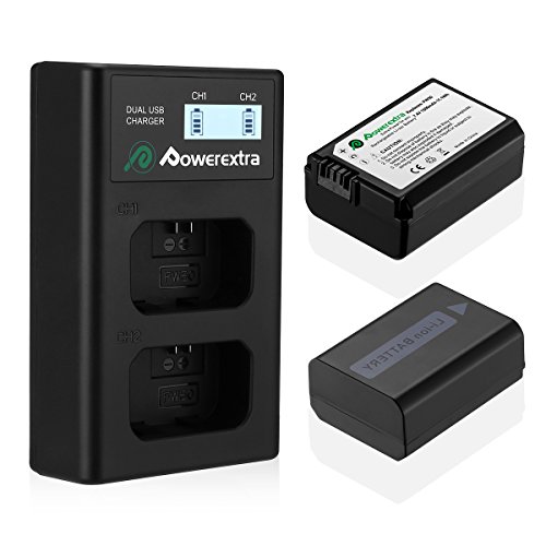 Product Cover Powerextra 2 Pack Replacement Sony NP-FW50 Battery & Smart LCD Display Dual Channel Charger Compatible for Sony Alpha a6500, a6300, a6000, a7s, a7, a7s ii, a7s, a5100, a5000, a7r, a7 ii Camera
