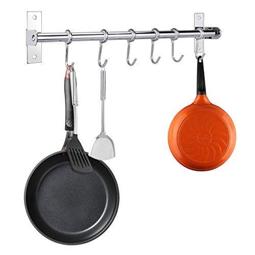 Product Cover SUMNACON Stainless Steel Pot Pan Rack - 15.7 Inch Wall Mounted Rail Kitchen Utensil Pot Pan Lid Storage Organizer/Cookware Holder with 6 Hooks