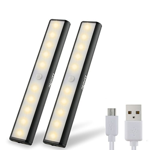 Product Cover Wireless Motion Sensor Cabinet Light Drawer Closet Lights,USB Rechargeable 10 LED Cabinet Lighting,Magnetic Removable Stick-On Anywhere for Wardrobe/Stairs/Closet/Drawer, Warm White, 2 Pack