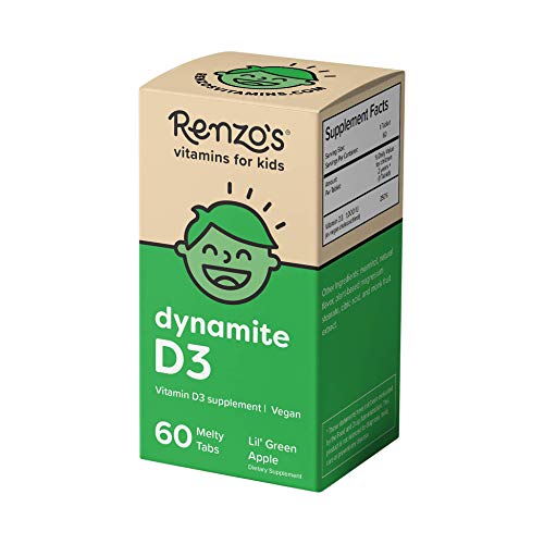 Product Cover Renzo's Dynamite D3, Dissolvable Vegan Vitamins for Kids, Zero Sugar, Lil' Green Apple Flavor, 60 Melty Tabs
