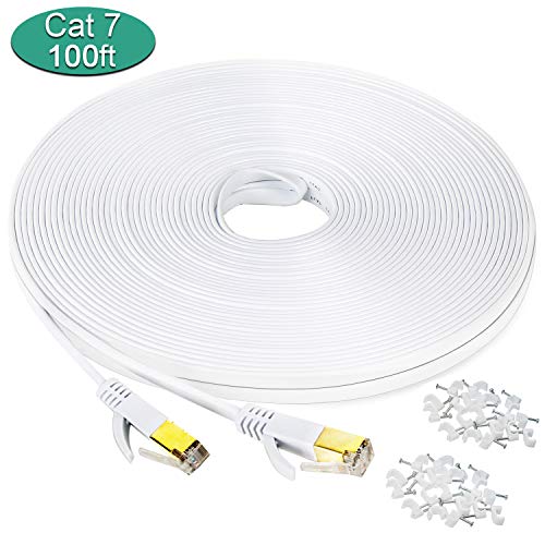 Product Cover Cat 7 Ethernet Cable 100 ft, Long Outdoor Flat Internet Network Patch Cord with Clips,Faster Than Cat6 Cat6a Cat5e with Gold Plated High Speed RJ45 LAN Wire for Gaming,MAC,Desktop,ADSL,LAN-White