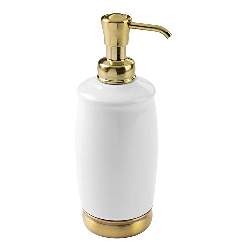 Product Cover mDesign Round Ceramic Refillable Liquid Soap Dispenser Pump Bottle for Bathroom Vanity Countertop, Kitchen Sink - Holds Hand Soap, Dish Soap, Hand Sanitizer, Essential Oils - White/Soft Brass