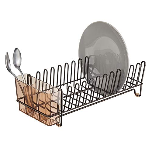 Product Cover mDesign Compact Modern Kitchen Countertop, Sink Dish Drying Rack, Removable Cutlery Tray - Drain and Dry Wine Glasses, Bowls and Dishes - Metal Wire Drainer in Bronze with Amber Brown Caddy