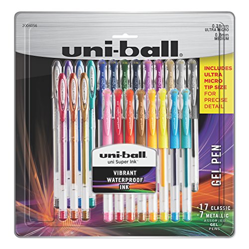 Product Cover uni-ball 2004056 Gel Pens, Ultra Micro (0.38mm) & Medium (0.8mm) Points, Assorted Colors, 24 Count