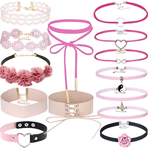 Product Cover Tpocean 14 PCS Mothers Day Necklace Adjustable Lace Velvet Choker Pink Necklace Set with Charms Pendant Flower Blet Leather Choker Set for Women Girls