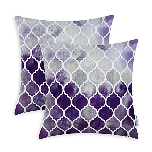 Product Cover CaliTime Pack of 2 Cozy Throw Pillow Cases Covers for Couch Bed Sofa Farmhouse Manual Hand Painted Colorful Geometric Trellis Chain Print 18 X 18 Inches Main Grey Purple Eggplant