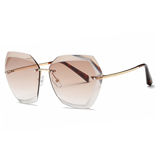 Product Cover AEVOGUE Sunglasses For Women Oversized Rimless Diamond Cutting Lens Sun Glasses AE0534 (Gold&Brown, 63)