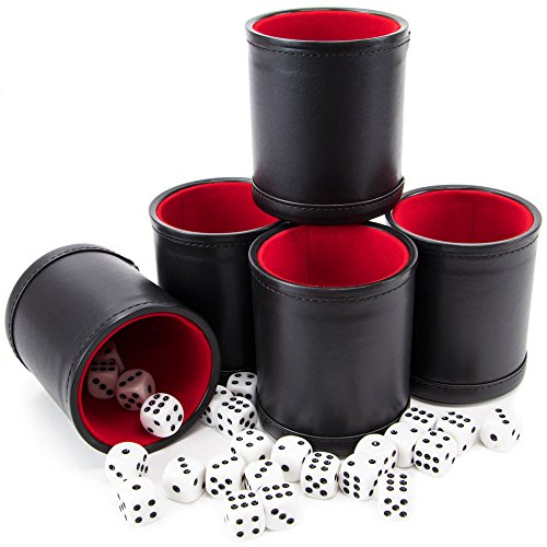 Product Cover Brybelly Bundle of 5 Professional Dice Cups - Red Felt-Lined, Quality Bicast Leather, Includes 25 White Six-Sided Dice