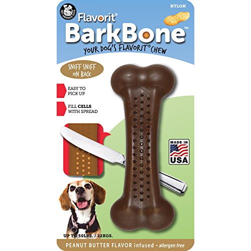 Product Cover Pet Qwerks Barkbone Flavorit Peanut Butter Flavor Bone - Fillable Surface for Spreads, Tough Durable Toys for Aggressive Power Chewers | Made in USA, FDA Compliant Nylon - for Medium & Small Dogs