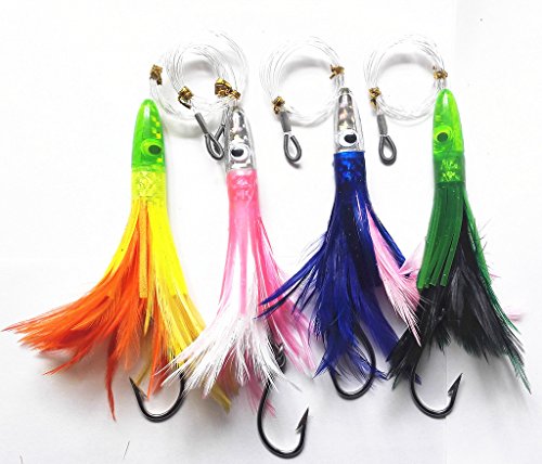 Product Cover Krazywolf Offshore Fishing Bullet Teasers Squid Lures Saltwater Trolling Feather Jigs Fully Rigged,4 Colors Set,6 Inch (Red/White)
