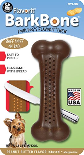Product Cover Pet Qwerks Barkbone Flavorit Peanut Butter Flavor Bone - Fillable Surface for Spreads, Tough Durable Toy for Aggressive Chewers | Made in USA, FDA Compliant Nylon - for XSmall Dogs & Teething Puppies