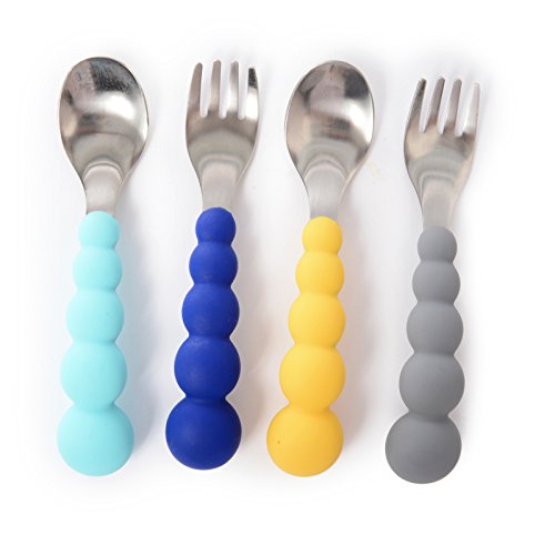 Product Cover Chewbeads CB EAT Flatware - Feeding Utensils Set for Babies, Toddlers, and Kids. Baby Safe 100% Silicone and Stainless Steel Kids Silverware Set (Blue/Grey)