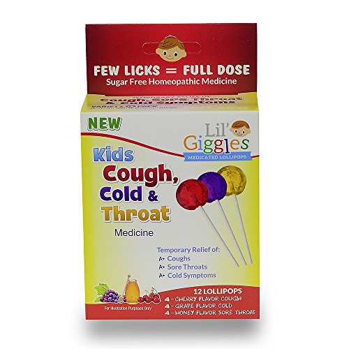 Product Cover Lil' Giggles Kid's Cough, Cold & Throat Medicated Lollipops Variety Pack - for Children's Persistent Cough, Cold and Sore Throat. Homeopathic Remedy. The Medicine Kid's Will Love to take. 12 CT