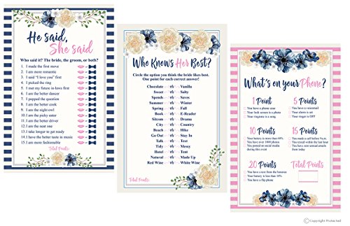 Product Cover 3 Bridal Shower Games Collection (50-Sheets of Each Game) - He Said She Said Game - How Well Do You Know The Bride Game - What's On Your Phone