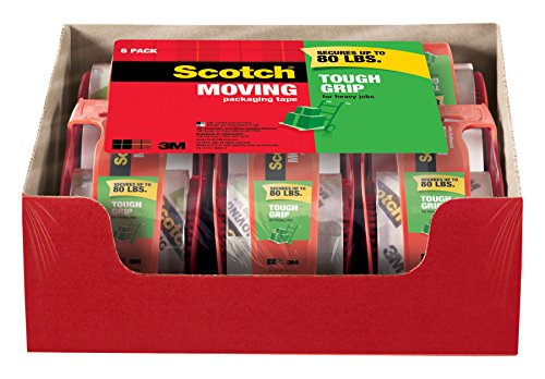 Product Cover Scotch Tough Grip Moving Packaging Tape, 1.88 in. x 22.2 yd, 1.5 in Core, 6 Rolls with Dispenser per Pack, Tough grip on all box types including boxes made with 100% recycled fibers(150-6)
