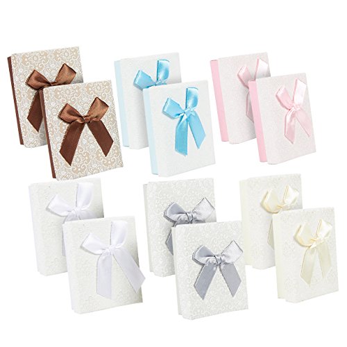 Product Cover Small Gift Box Set - 12-Piece Cardboard Bows Jewelry Gift Box with Lids - Bridesmaid Gift Box for Anniversaries, Wedding, Birthday, Valentine's Day - 6 Colors, 3.6 x 1.1 x 2.7 Inches