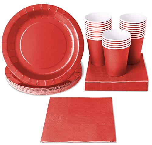 Product Cover Red Party Supplies - 24-Set Paper Tableware - Disposable Dinnerware set for 24 Guests, Including Paper Plates, Napkins and Cups, Red