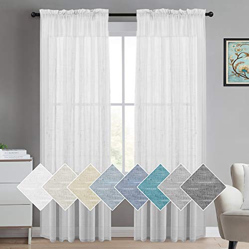 Product Cover Turquoize White Linen Sheer Curtains Natural Linen Semi Sheer Curtains White 96 Inches Long Light Filtering Burlap Curtains 2 Panels Rod Pocket Window Treatments Panels/Drapes, Privacy Assured, White
