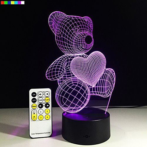Product Cover Night Lights for Kids Teddy Bear 7 Colors Change with Remote 3D Nightlight Help Kids Fell Safe at Night or As A Gift Idea for Women or Girls by Easuntec (Teddy Bear Heart)