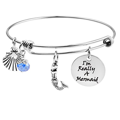 Product Cover MJartoria I'm really a mermaid Engraved Expandable Wire Charm Bangle Bracelet for Women Girls Best Friend Valentine's day Birthday Gifts (A-Mermaid Bangle-silver)