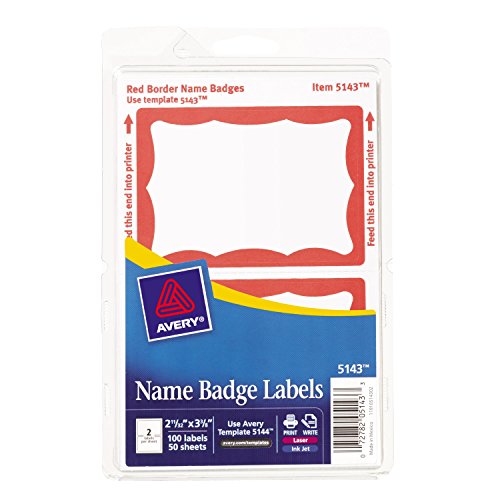 Product Cover Avery Print or Write Name Badge Labels with Red Border, 2-11/32