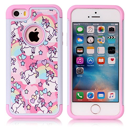 Product Cover Iphone 5S Case, Iphone SE Case, Rainbow Unicorn Patchwork Pattern Shock-Absorption Hard PC and Inner Silicone Hybrid Dual Layer Armor Defender Protective Case Cover for Apple iphone 5/5S iphone SE