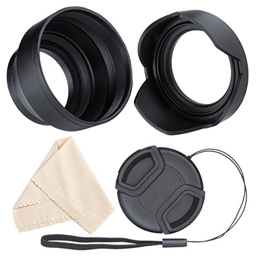 Product Cover waka 55mm Lens Hood Set, Reversible Tulip Flower + 3 Stages Collapsible Rubber Lens Hood + Center Pinch Lens Cap with Cap Keeper Leash + Microfiber Cleaning Cloth