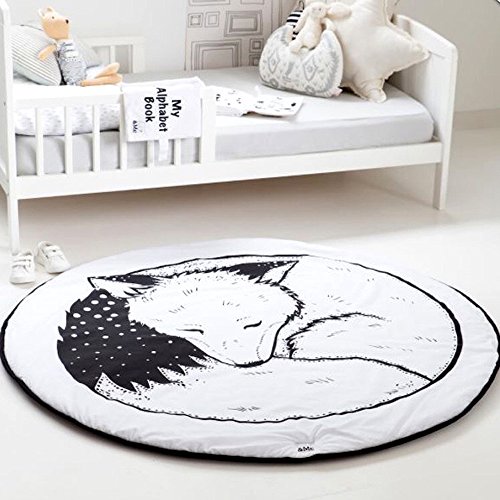 Product Cover HILTOW Round Rugs Baby Rug Nursery Rugs Cute Fox Design Home Decoration Area Rugs Bedroom/Living Room Carpet Mat Baby Crawling Mats Kids Play Mat Machine Washable Rugs (Whilte,Diameter : 39 inches)