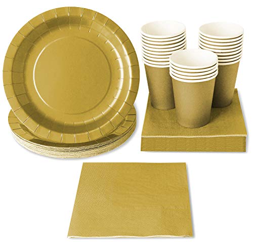 Product Cover Gold Party Supplies (Serves 24 Guests) Disposable Dinnerware Set Includes Paper Plates, Cups and Napkins