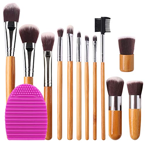 Product Cover BEAKEY 12+2 Pcs Makeup Brush Set, Premium Bamboo Handle Synthetic Bristles, Kabuki Foundation Eyeshadow Concealer Powder Brush Kit (12 Pcs Bamboo Brushes + 1 Pc Brush Cleaner Egg + 1 Pc Cloth Bag)