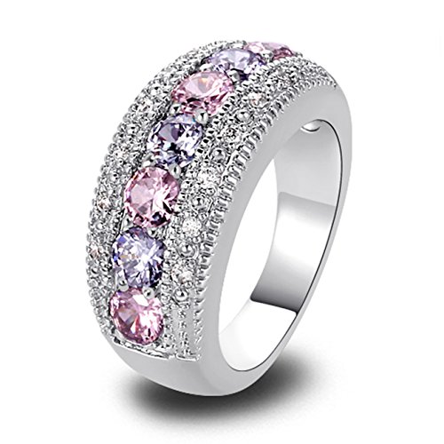 Product Cover Emsione Women's 925 Sterling Silver Plated Round Created Pink Topaz & Amethyst Vintage Style Ring Band Statement Cocktail Size 6-13